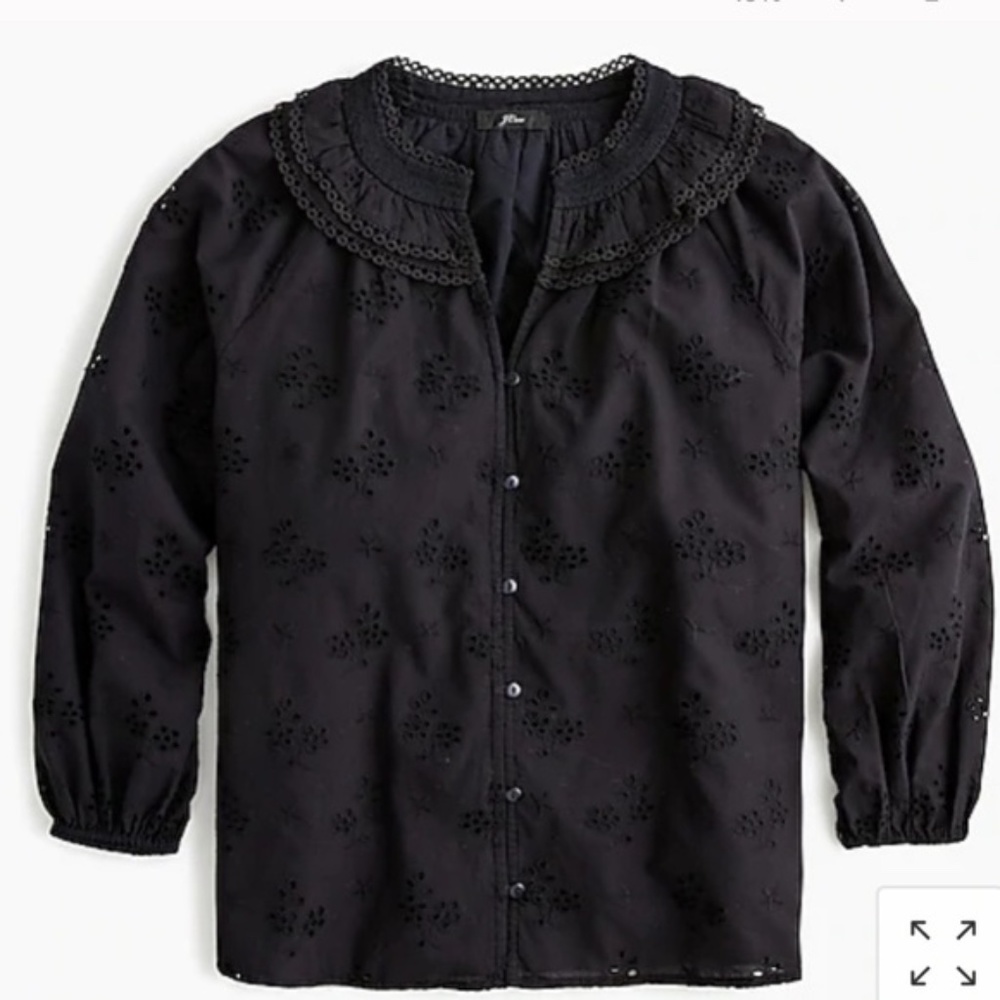 J.Crew NWT Button-front Eyelet Peasant Top in Black